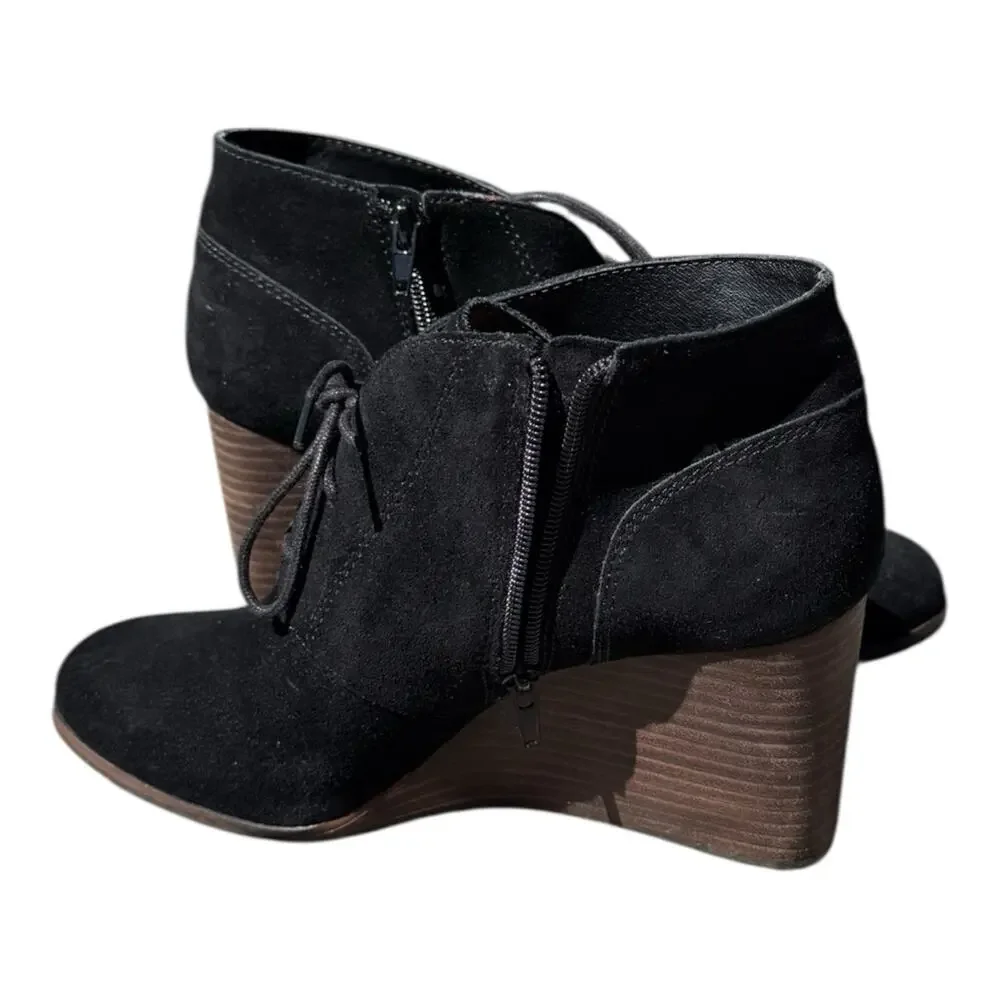 Lucky Brand Shylow Black Wedge Booties Size 10M Laces Zipper Leather Shoes Suede